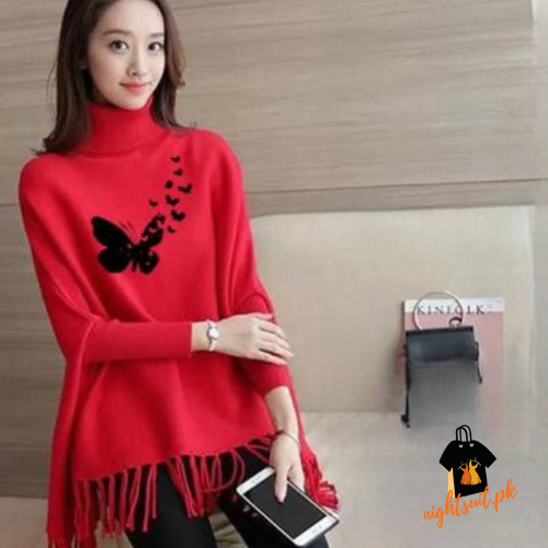 Red Flying Butterfly Printed Poncho