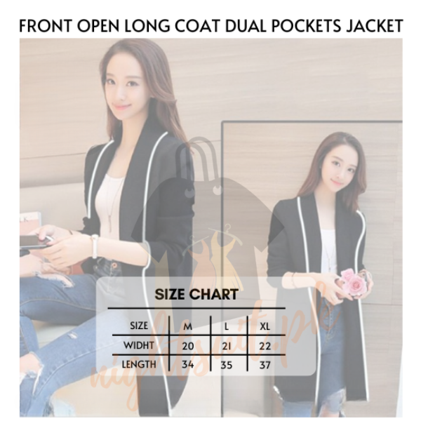 Black Front Open Long Coat Dual Pockets Jacket