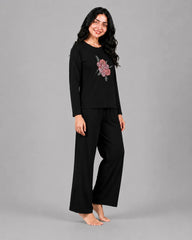 Women Round-Neck Lounge Wear | Flower - Black