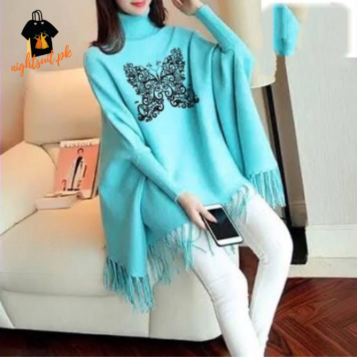 Cyan Butterfly Printed Poncho