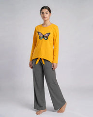 Women Premium 2 Piece Lounge Set | Rainbow Butterfly - Yellow & Grey