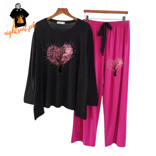 Black Magenta Tree Heart Printed Loungewear