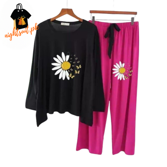 Black and Magenta Daisy Flower Printed Loungewear