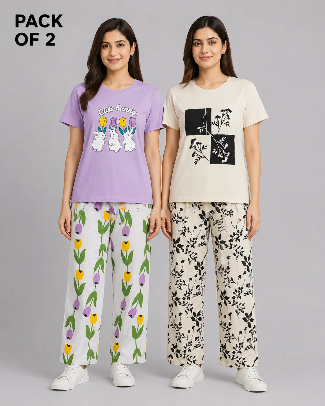 Pack Of 2 Women Pajama Set | Tulip Bunny, Earthy Bloom