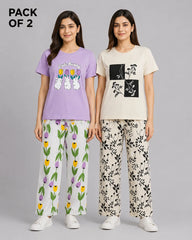 Pack Of 2 Women Pajama Set | Tulip Bunny, Earthy Bloom