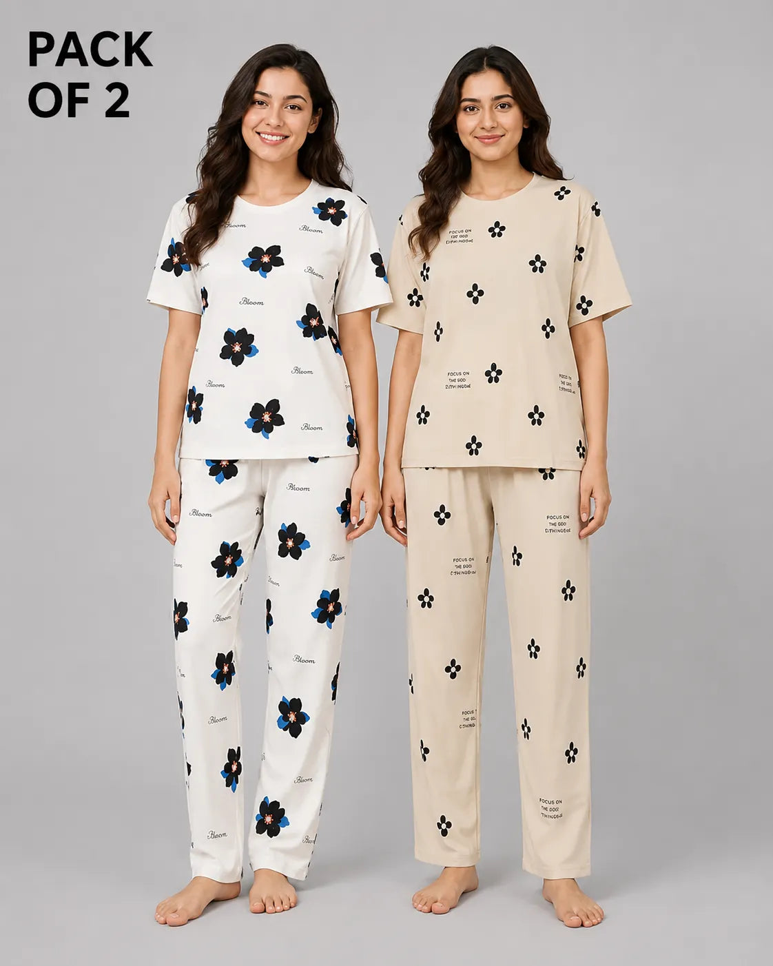 Pack Of 2 Women Pajama Set | Blue Black Petal, Moonlight Blossom