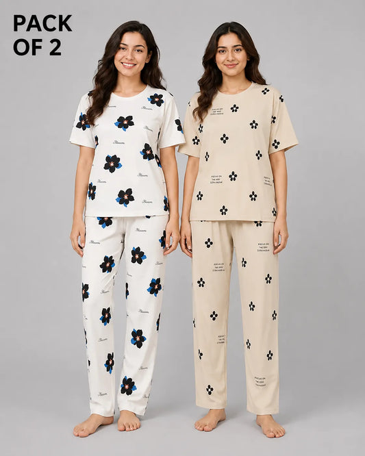 Pack Of 2 Women Pajama Set | Blue Black Petal, Moonlight Blossom