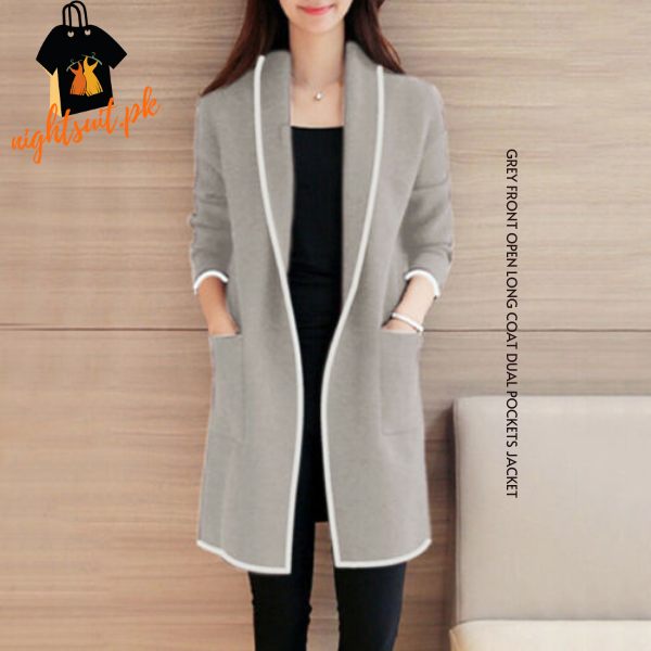 Grey Front Open Long Coat Dual Pockets Jacket