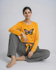Women Premium 2 Piece Lounge Set | Rainbow Butterfly - Yellow & Grey