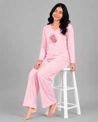 Women V-Neck Lounge Wear | Flower - Baby Pink