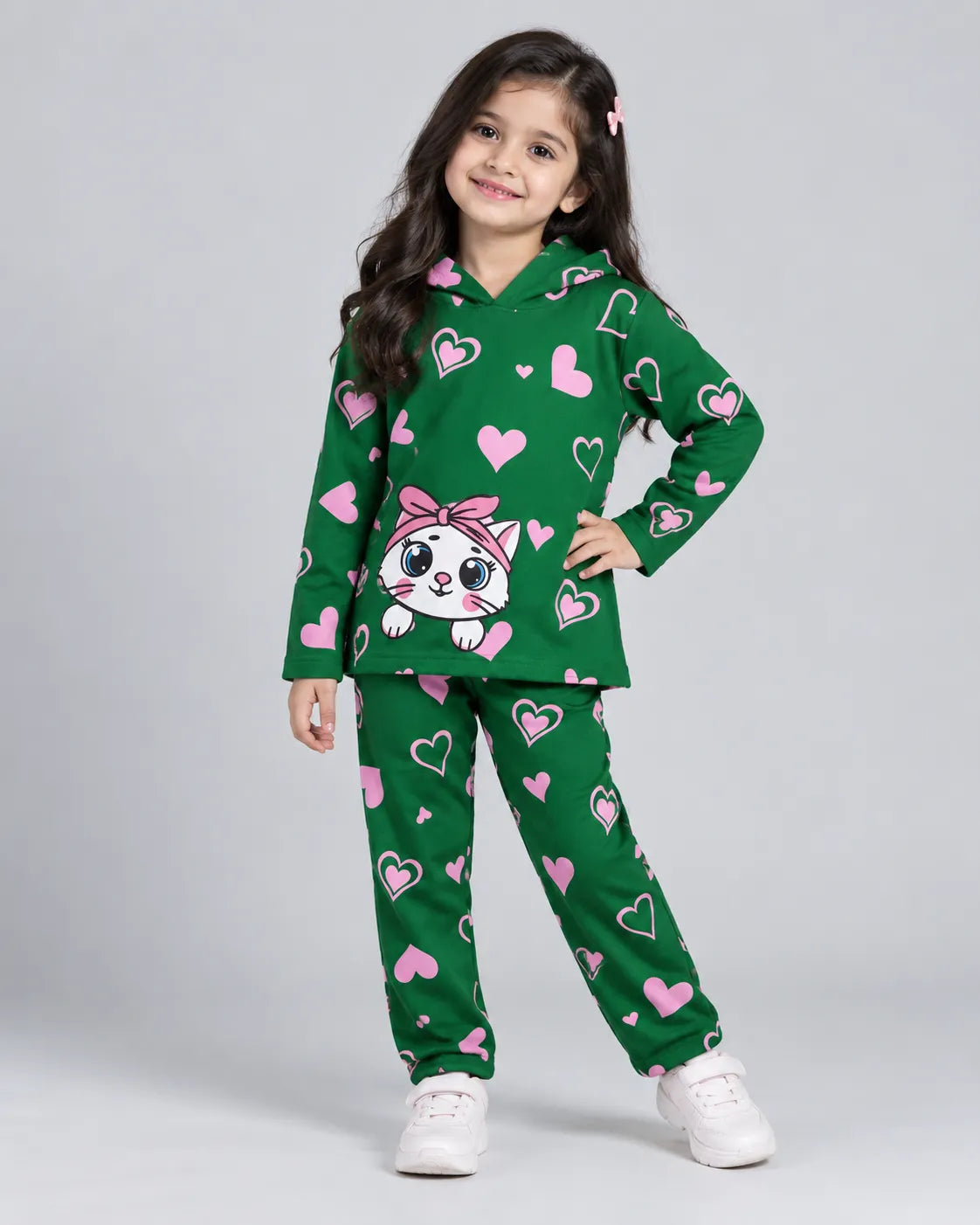 Heart Kitty Hoodie Set - Green