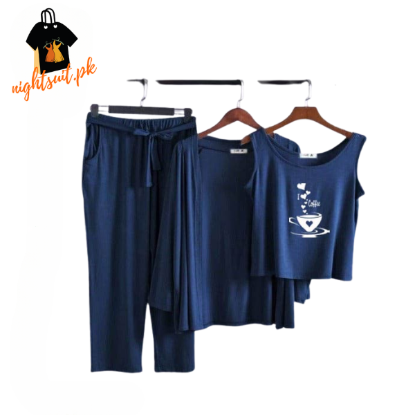 Blue I love Coffee Women Night Suit PJ 3 Pieces Set