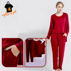 Red Long Sleeve Women Night Suit PJ Set 3 Pieces