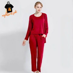 Red Long Sleeve Women Night Suit PJ Set 3 Pieces