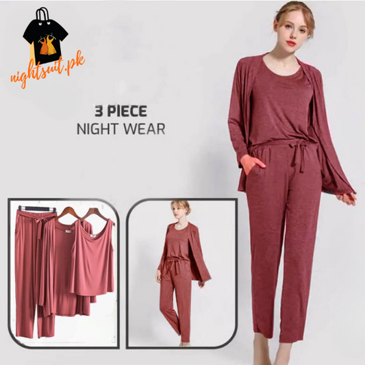 Brown Long Sleeve Women Night Suit PJ Set 3 Pieces