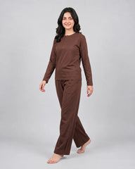 Women Button Style 2 Piece Lounge Wear - Chocolate Brown