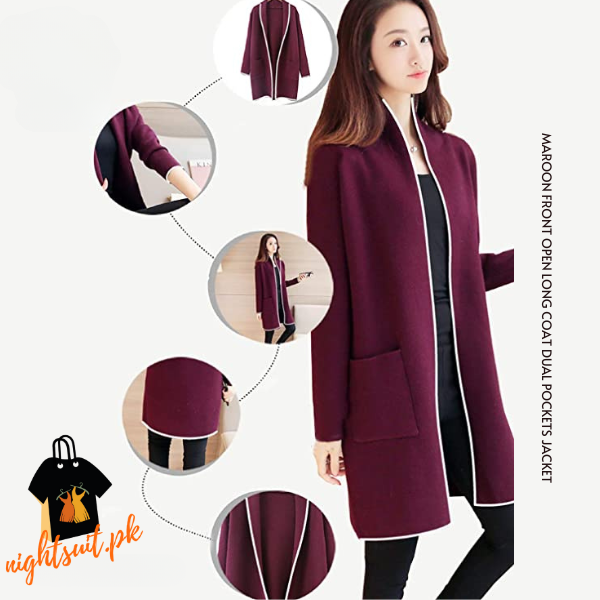 Maroon Front Open Long Coat Dual Pockets Jacket