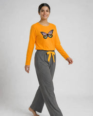 Women Premium 2 Piece Lounge Set | Rainbow Butterfly - Yellow & Grey
