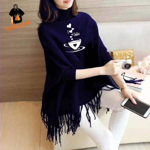 Blue I Love Coffee Printed Poncho