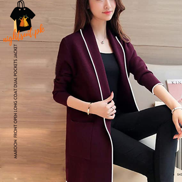 Maroon Front Open Long Coat Dual Pockets Jacket