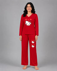 Women V-Neck Lounge Wear | Hello Kitty - Red
