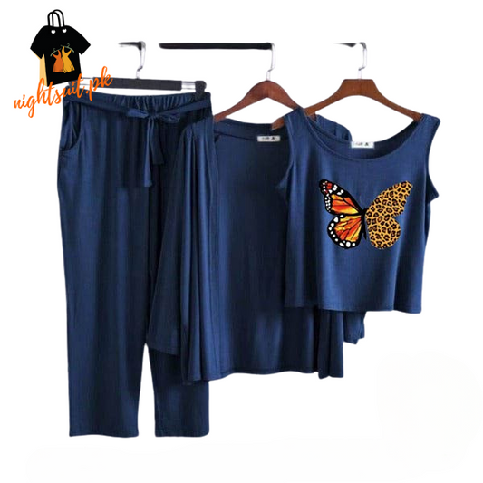 Blue Orange Butterfly Women Night Suit PJ 3 Pieces Set