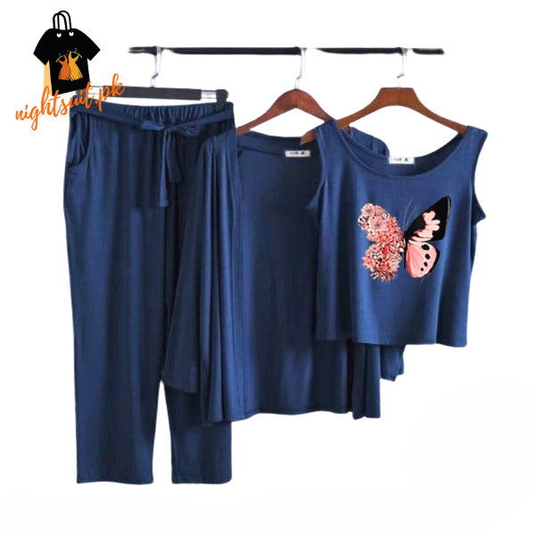 Blue Pink Butterfly Women Night Suit PJ 3 Pieces Set