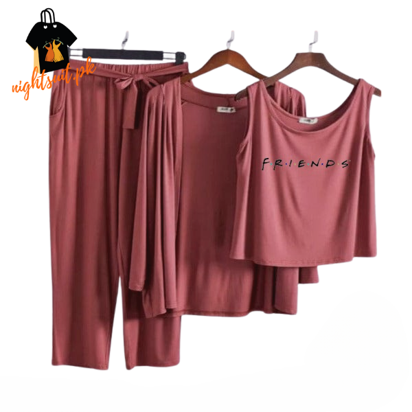 Brown Friends Women Night Suit PJ 3 Pieces Set