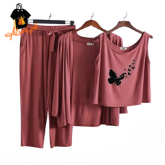 Brown Flying Butterfly Women Night Suit PJ 3 Pieces Set