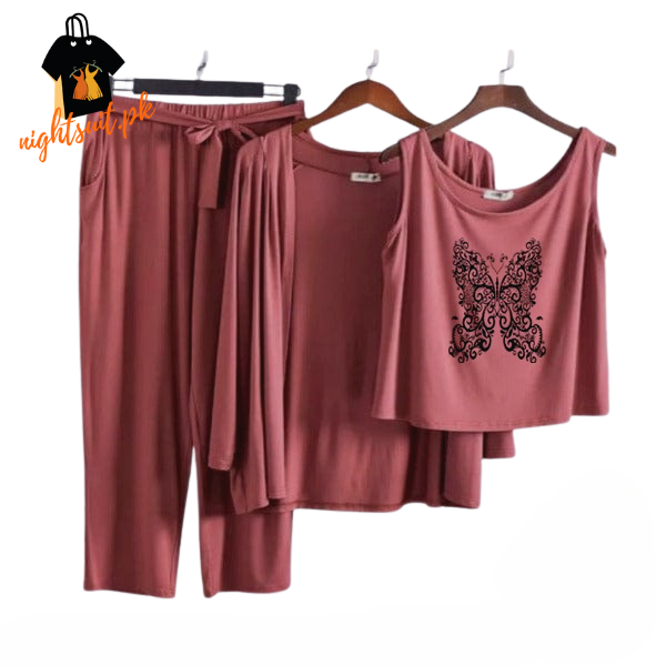 Brown Black Butterfly Women Night Suit PJ 3 Pieces Set