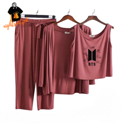 Brown BTS Women Night Suit PJ 3 Pieces Set