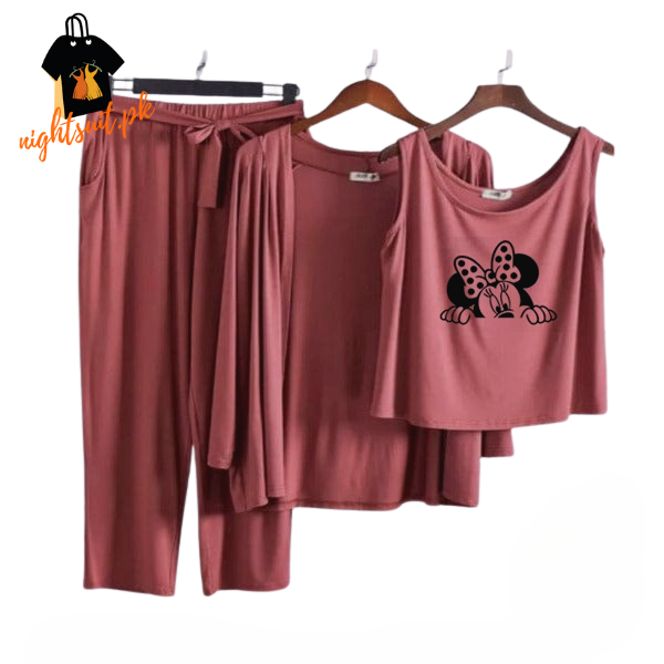 Brown Minnie Mice Women Night Suit PJ 3 Pieces Set