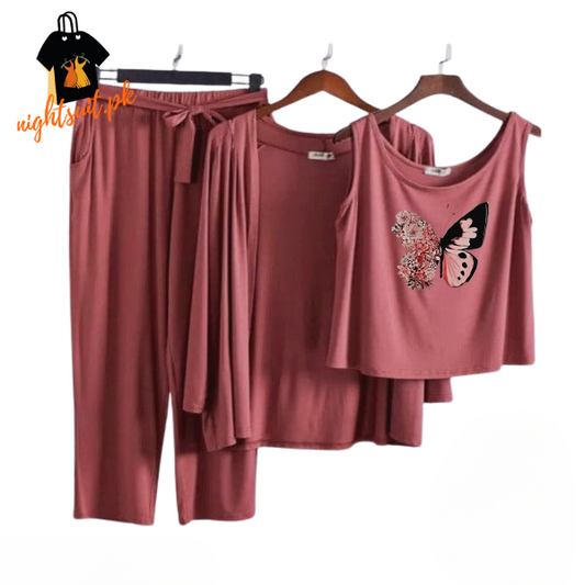 Brown Pink Butterfly Women Night Suit PJ 3 Pieces Set