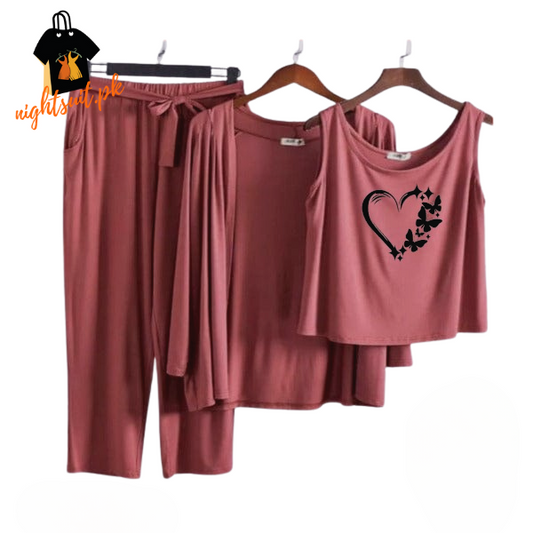 Brown Black Butterfly Love Women Night Suit PJ 3 Pieces Set