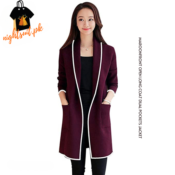 Maroon Front Open Long Coat Dual Pockets Jacket