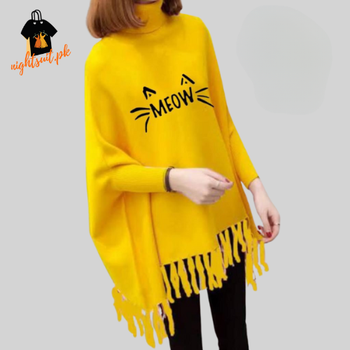 Yellow Meow Printed Poncho