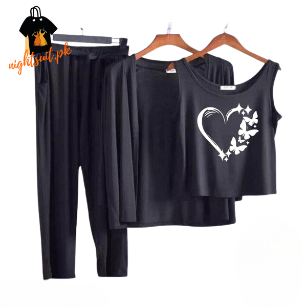 Black White Butterfly Love Women Night Suit PJ 3 Pieces Set