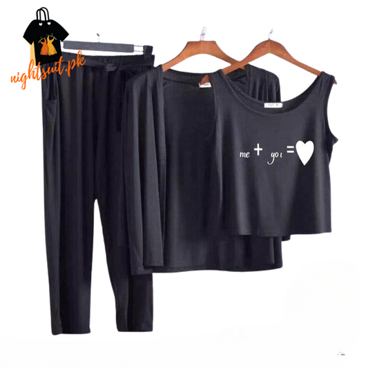 Black White me + you Women Night Suit PJ 3 Pieces Set