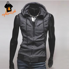 Dark Grey Sleeveless Hooded Zipper Sport Gym Warm