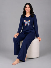 Women V-Neck Lounge Wear | Colored Butterfly - Navy Blue