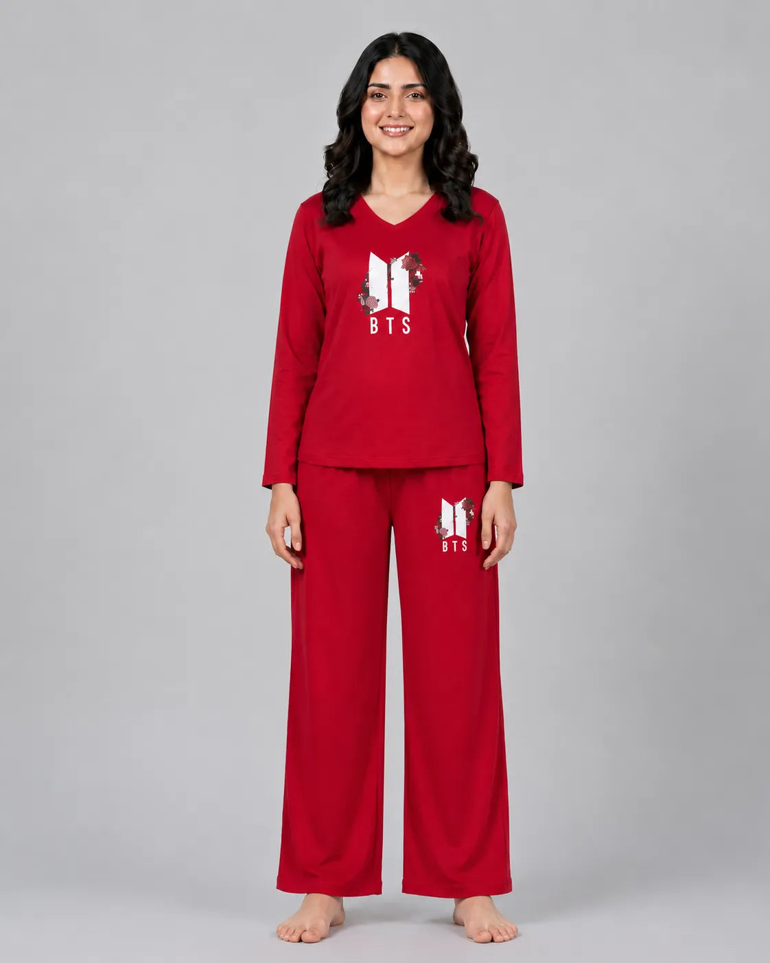 Women V-Neck Lounge Wear | BTS Flower - Red