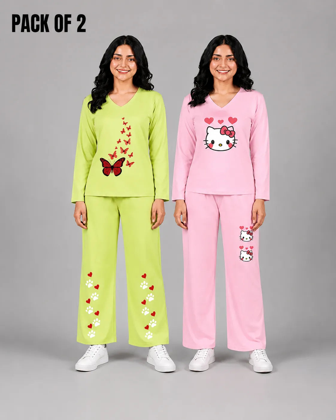 Pack Of 2 Women V Neck Lounge Wear | Lemon - Red Butterfly & Pink - Kitty
