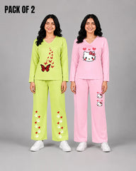 Pack Of 2 Women V Neck Lounge Wear | Lemon - Red Butterfly & Pink - Kitty