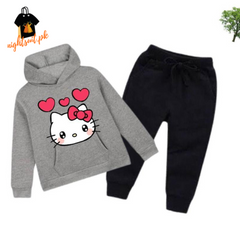 Hazzel Grey Kitty Printed Kids Hoodie Set