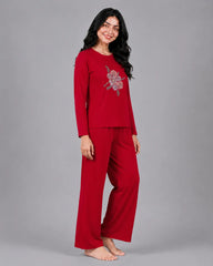 Women Round-Neck Lounge Wear | Flower - Red