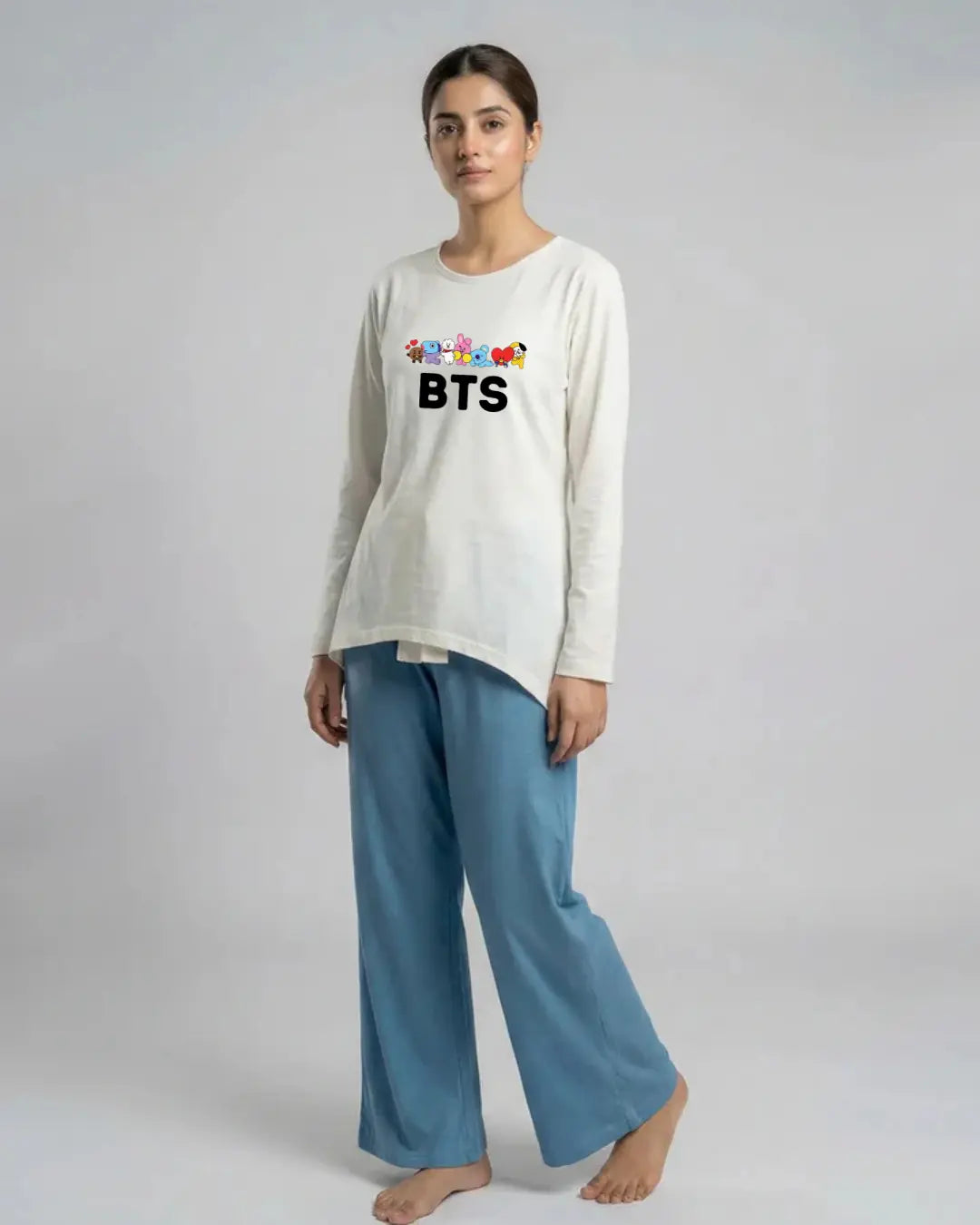 Women Premium 2 Piece Lounge Set | BTS + Cartoons - White & Blue