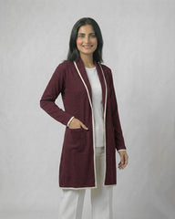 Maroon Front Open Long Coat Dual Pockets Jacket