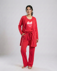 Women 3 Pieces Night Suit - Girl Power | Red