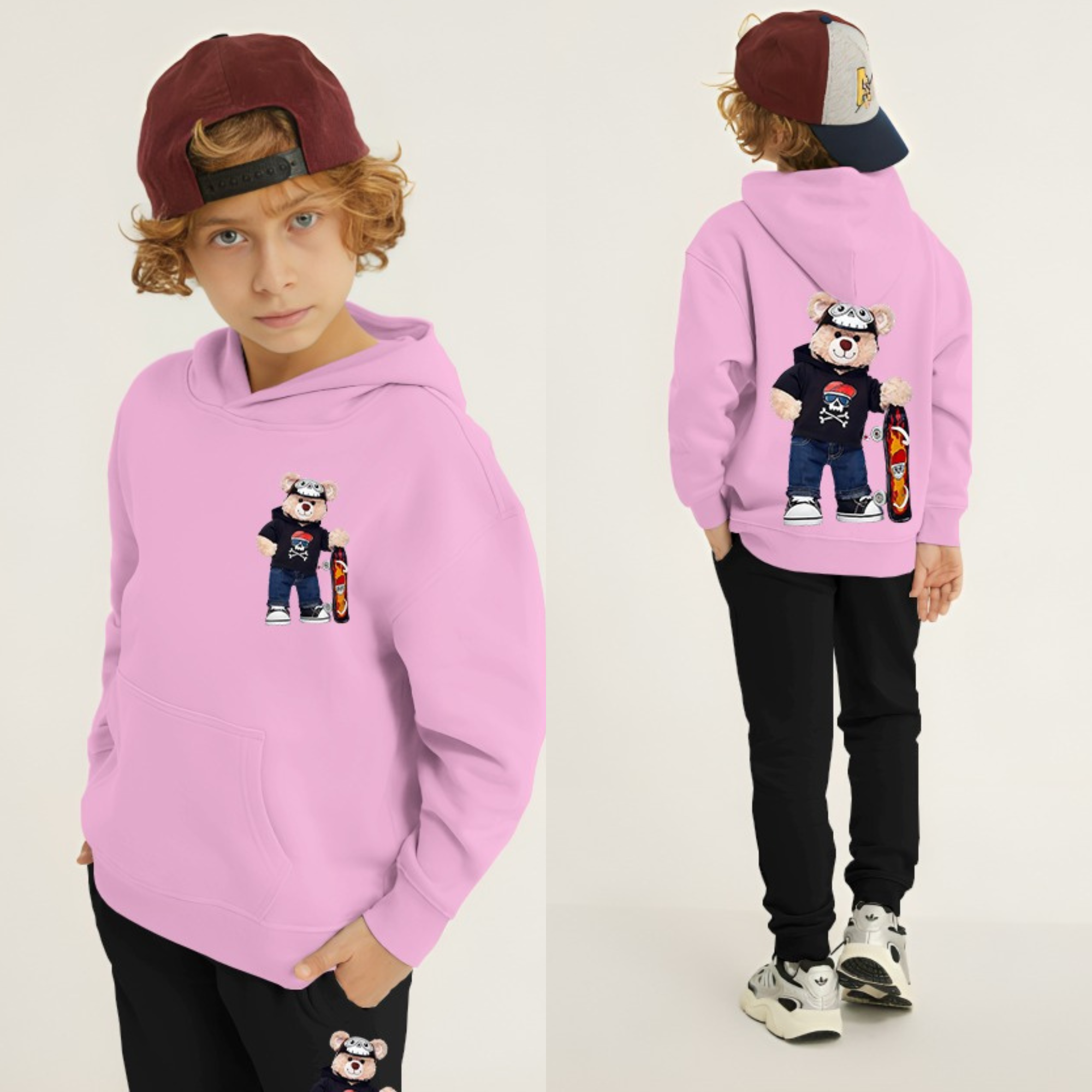 Bear Skateboard Printed Kids Hoodie Set