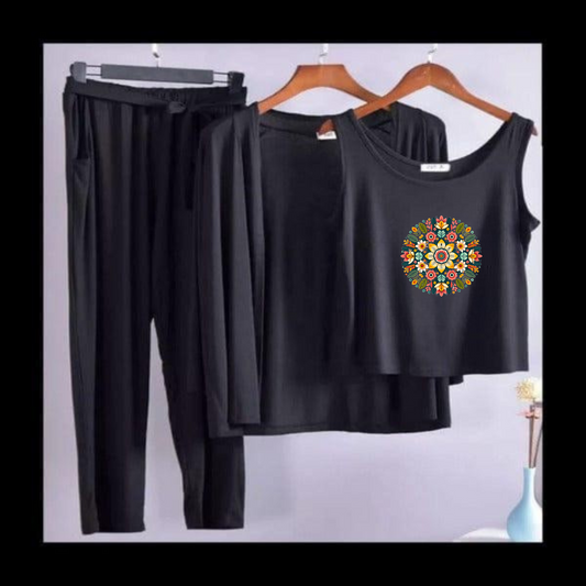 Multi Pattern Women Night Suit 3 Pieces Set